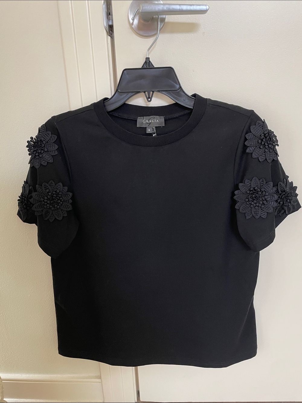 Gracia Black Short Sleeve Top with 3D Floral Appliqués